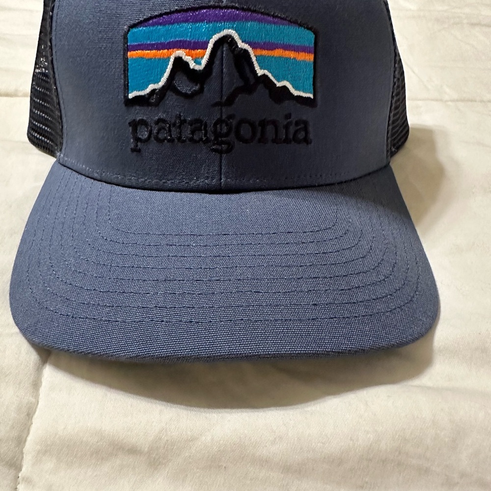 Patagonia Navy Trucker Hat with Multicolor Stripe Logo